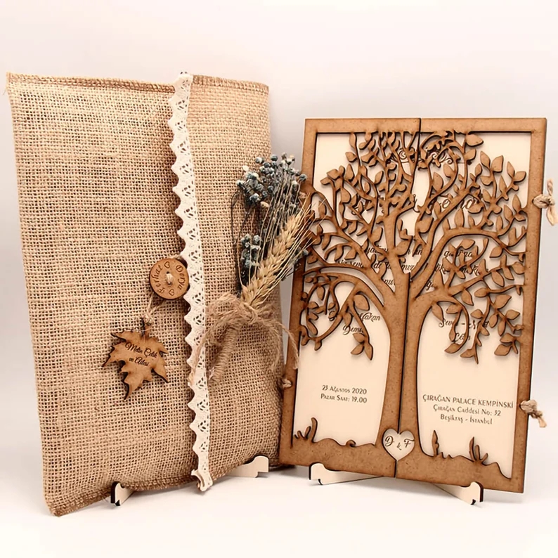 Rustic Wood Invitation with Guest Name Tag Rustic Wooden Laser Cut Invitation with Rustic Envelope