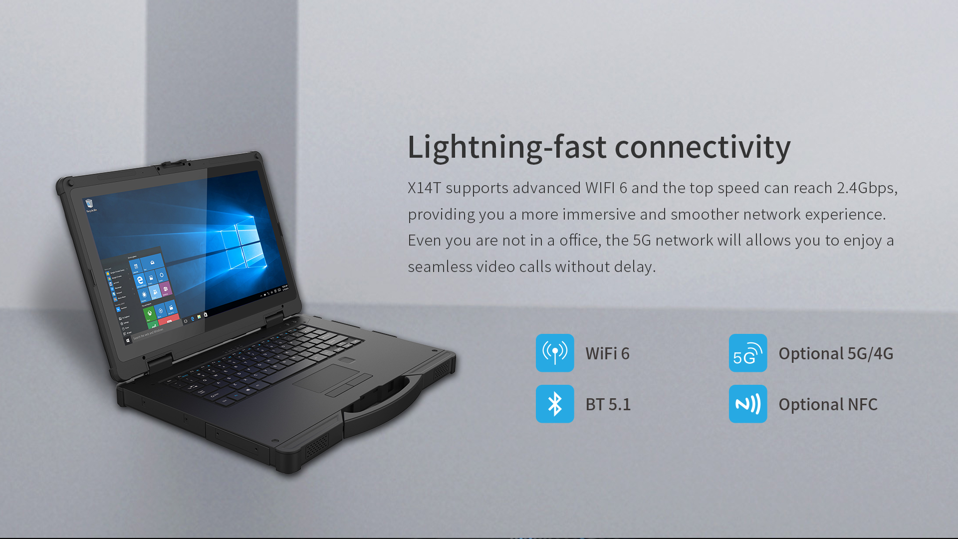 Quad Core 14 Inch 32GB RAM 5G NFC IP65 Windows 11 Rugged Laptop for Non-Stop Operations