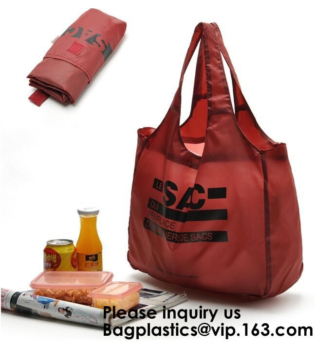 Printing Logo Polyester Handled Foldable Tote Bag With Snap Closure Foldable Bag Pocket Folding Nylon Shopping Bag