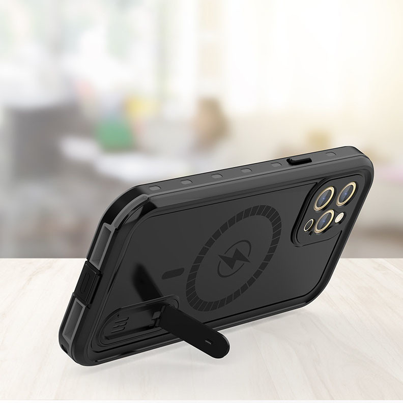Waterproof Finger Grip Phone Case Magsage Wireless Charge Shock Free Built In Stand