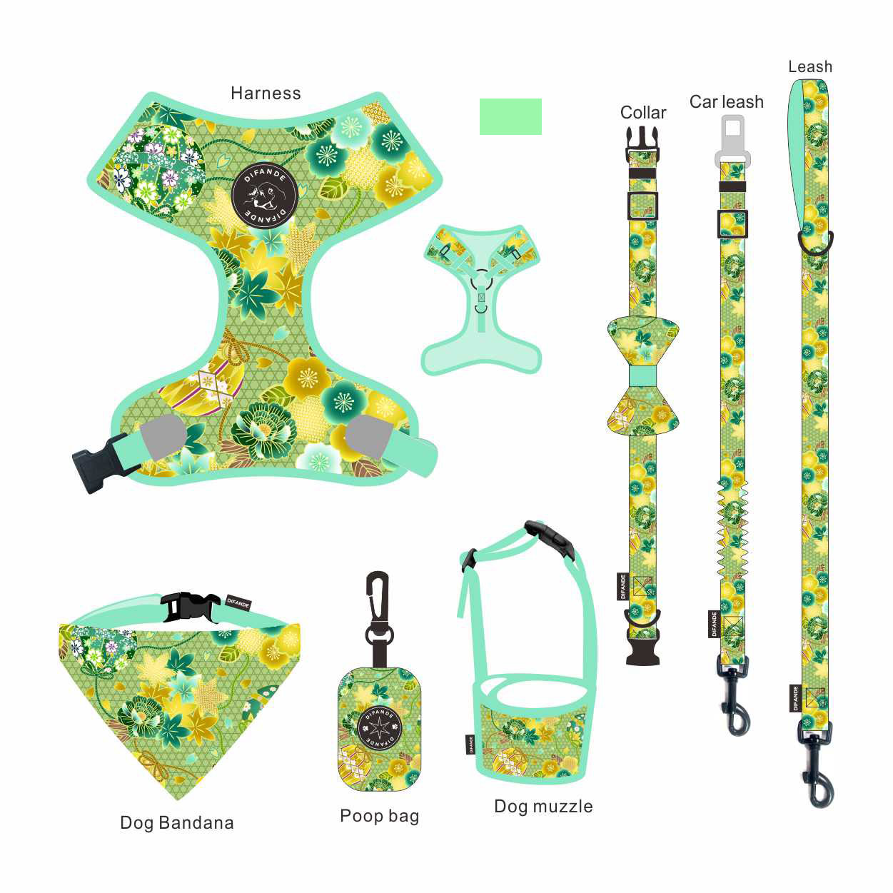 Neoprene Collar Leash Harness Set Moisture Resistant Reversible Dog Harness