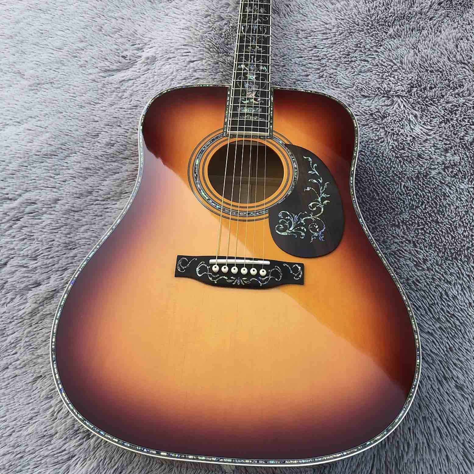 Solid Spruce Top Abalone D Style Acoustic Guitar with Burst Maple Body Ebony Fingerboard