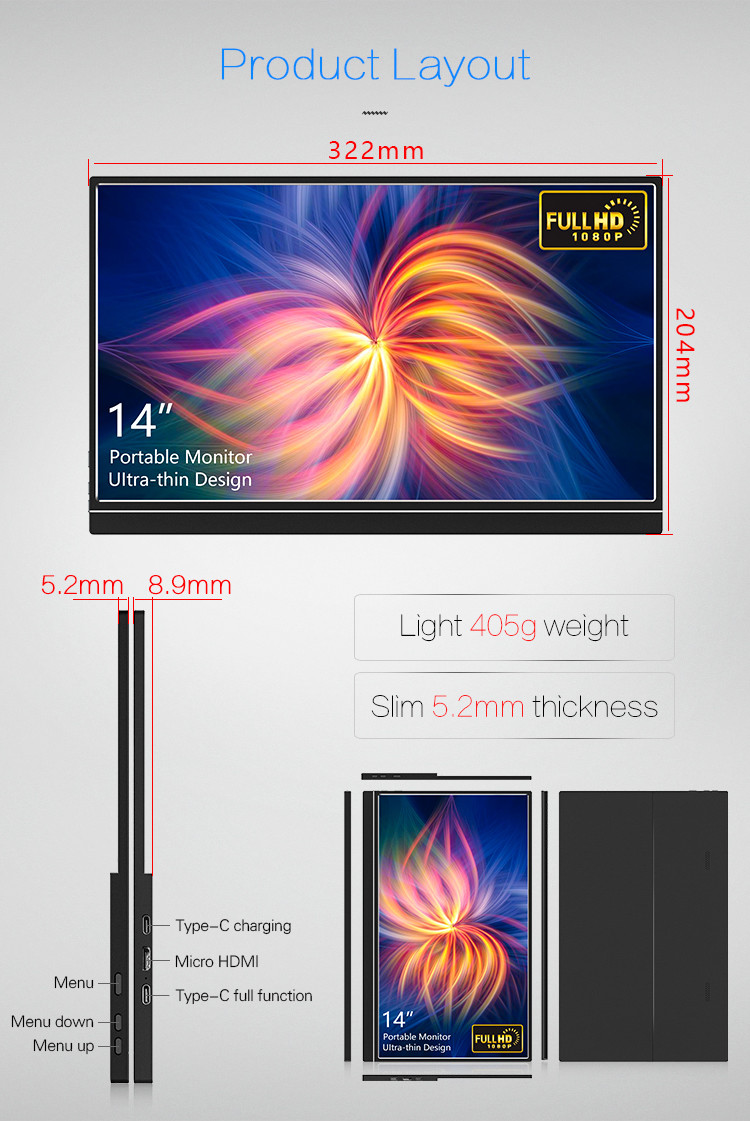 5.2mm Thickness Micro HDMI 322*240*8.9mm Portable Extended Monitor