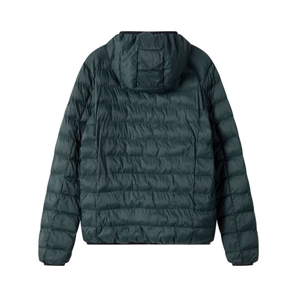 Men's heated puffer jacket side view showing design details