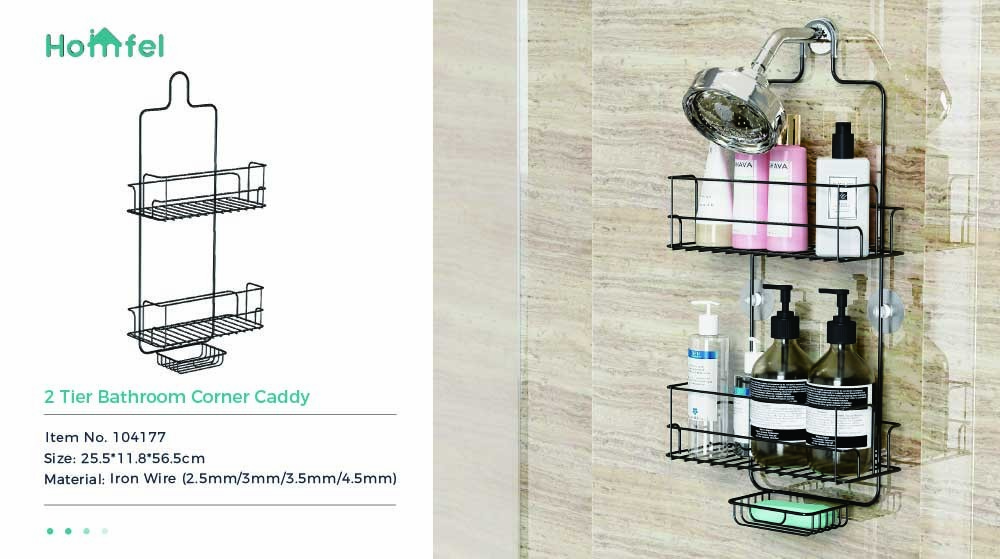Sustainable 2 Tier Iron Wire Rack Bathroom Shelf with Hooks and Hanging Design