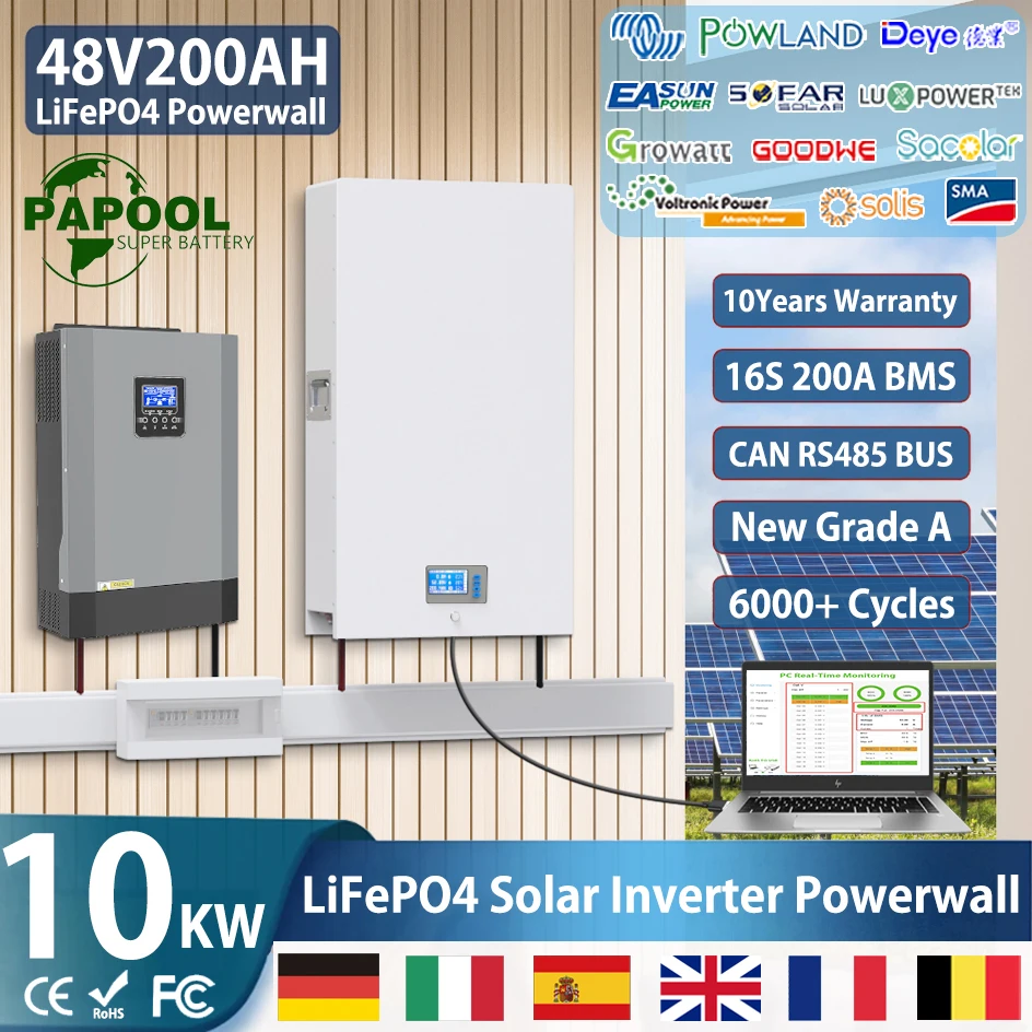 48V 200Ah Powerwall 10Kwh LiFePO4 Battery Built-In 200A BMS CAN RS485 51.2V 6000+ Cycles 10 Years Warranty For Solar Off