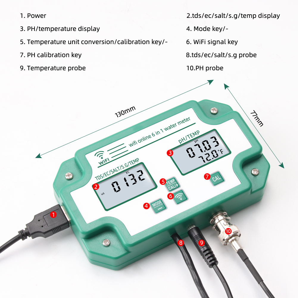 6-in-1 Wifi Water Tester for PH/EC/TDS/SALT/G.S/Temp Meter TUYA APP Online Monitoring
