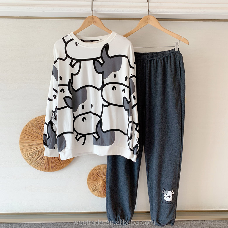 Printed cow long sleeve girl pajamas for ladies leisure wear pajamas 2 piece pajama set