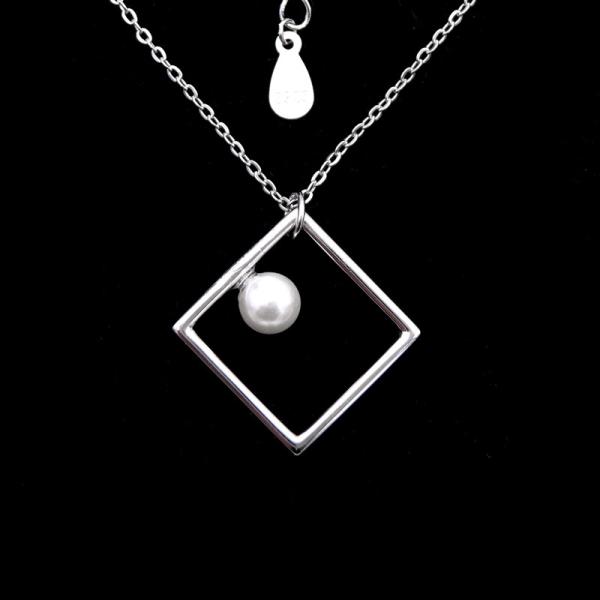 Square Shape Sterling Silver Single Pearl Necklace Blank Simple Platinum