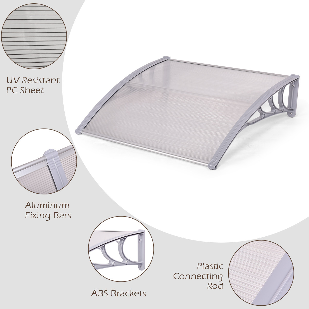 80x240cm Polycarbonate Canopy Window Awning Canopy Window Sun Shade Patio Cover Shelter With Black Support