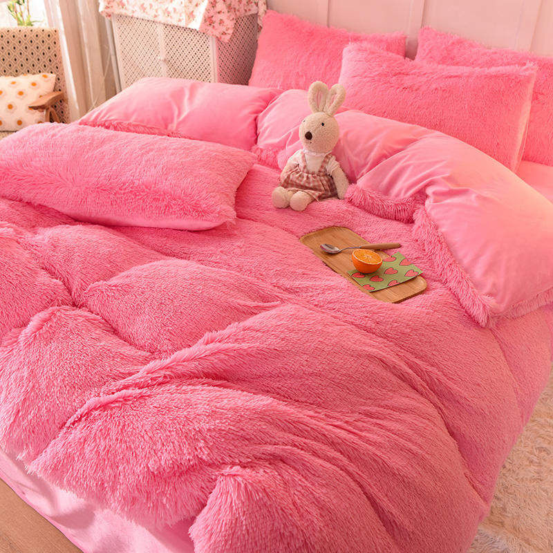 Soft and Warm Sheet Set for Kids Girl Rainbow Color Bed Sets Fur Velvet Fluffy Plush 4 Pcs