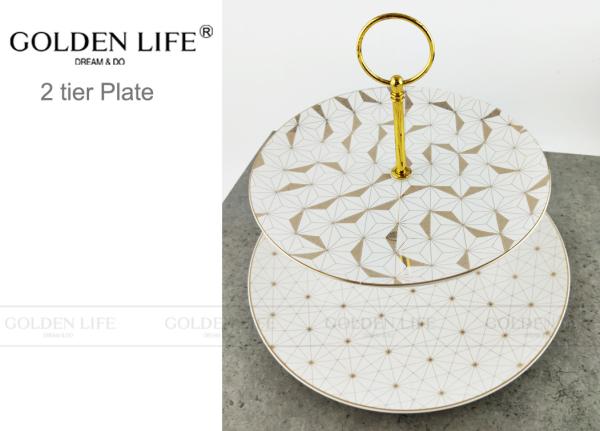 Modern Pattern Ceramic Fruit Plates Cake Banquet Pastry Tray Gold Color Metal