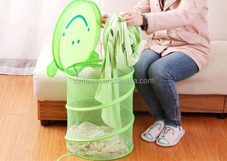 Bathroom Mesh Popup Polyester Foldable Laundry Basket With Cover