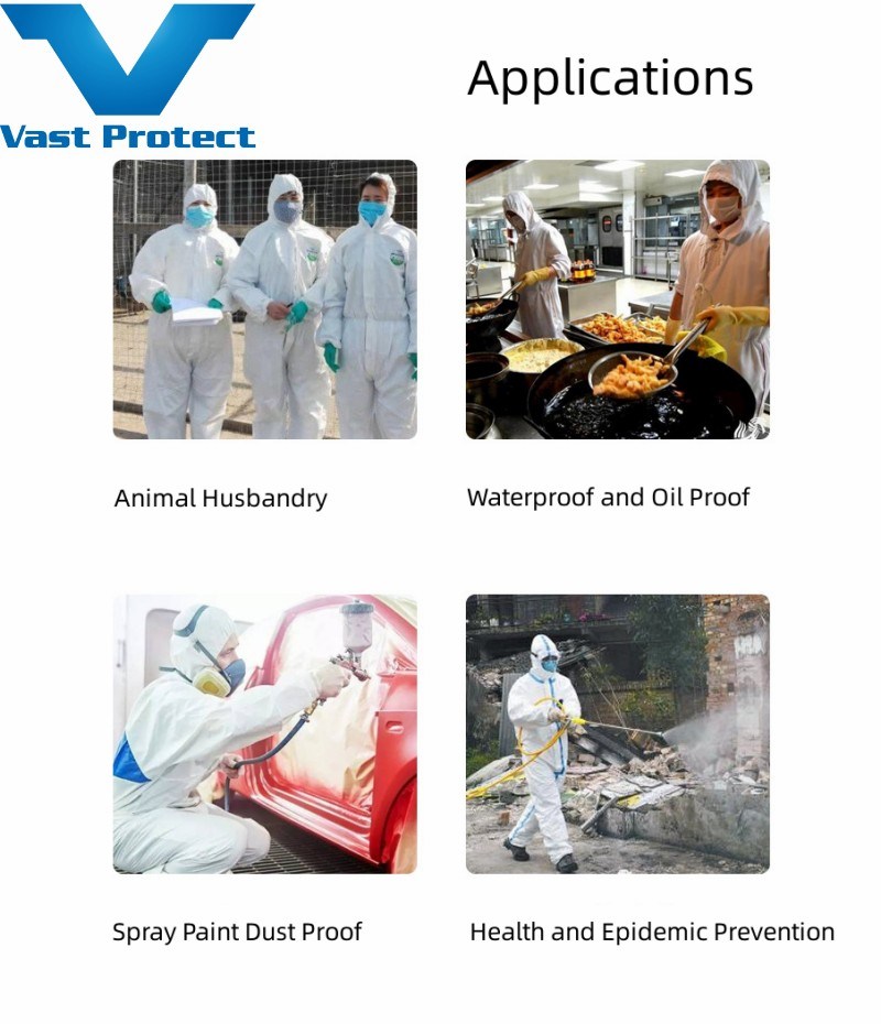 China Factory ISO PP+PE White Disposable Type5&6 Coveralls with Tape