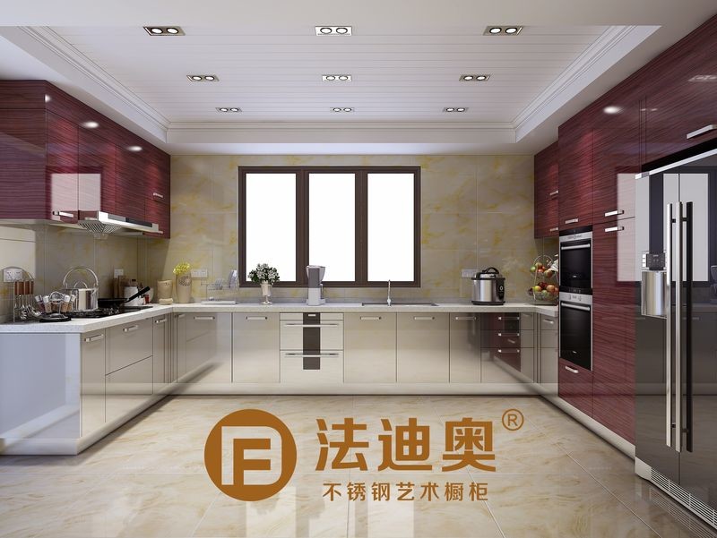 Fadior U-Shaped Stainless Steel Kitchen Cabinet WIth Crystal Wood Grain And Original Stainless Steel Color