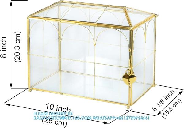 Glass Wedding Card Box with Slot, Large Clear Card Box Gold Brass Gift Card
