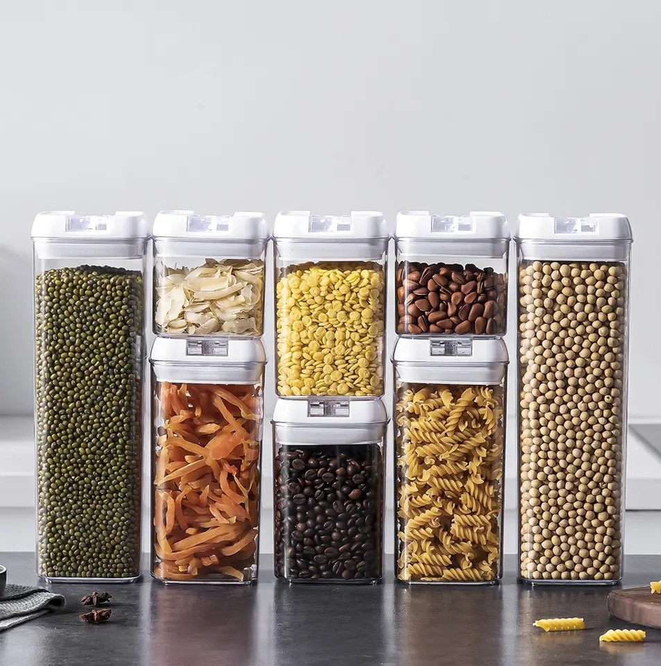9 Pcs Set Stackable Transparent Pantry Airtight Cereal Dry Food Plastic Storage Containers with White Lid