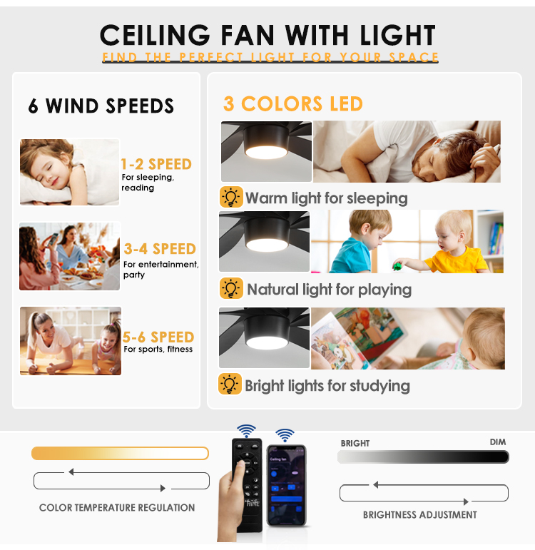 Modern Design 65" Industrial Ceiling Fan with Light and 6 ABS Blades Mulit Colors