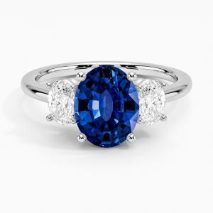 Lab Created Sapphire Capella Three Stone Lab CZ Ring Set with 9x7mm Blue Oval Lab Created Sapphire