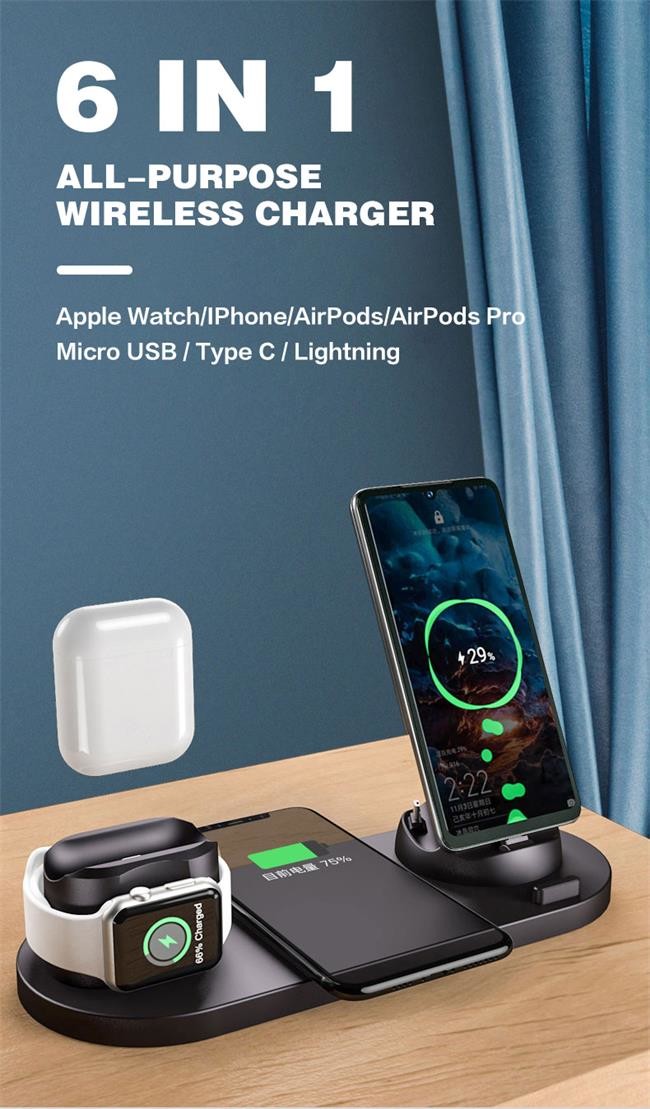 Rotating 6 In 1 Wireless Charging Station 5V 2A Multi Device Charger For Apple IPhone
