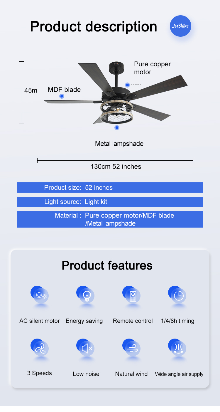 1stshine 52" MDF Industrial Style Ceiling Fan with Remote Control and LED Light 2-
