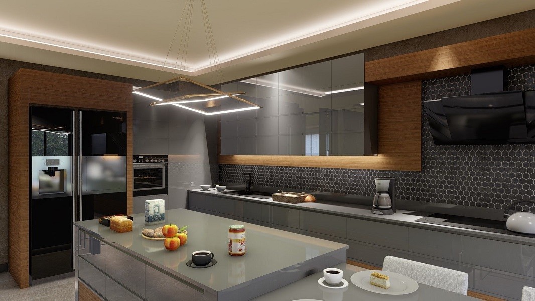 Modern Modular Kitchen Cabinets With Glass Door Upper Cabinet And Light Blue Color Finish