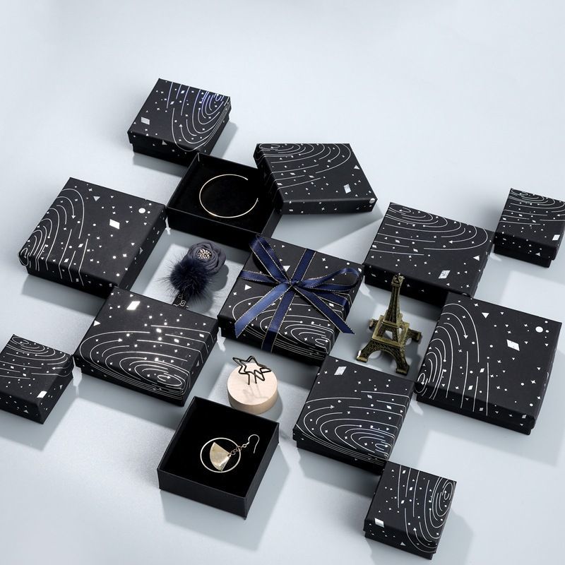 Custom Luxury Black Jewelry Packaging Paper Necklace Ring Earring Boxes Lid and Base Jewellery Set Case Cardboard Gift Box with Foam Insert