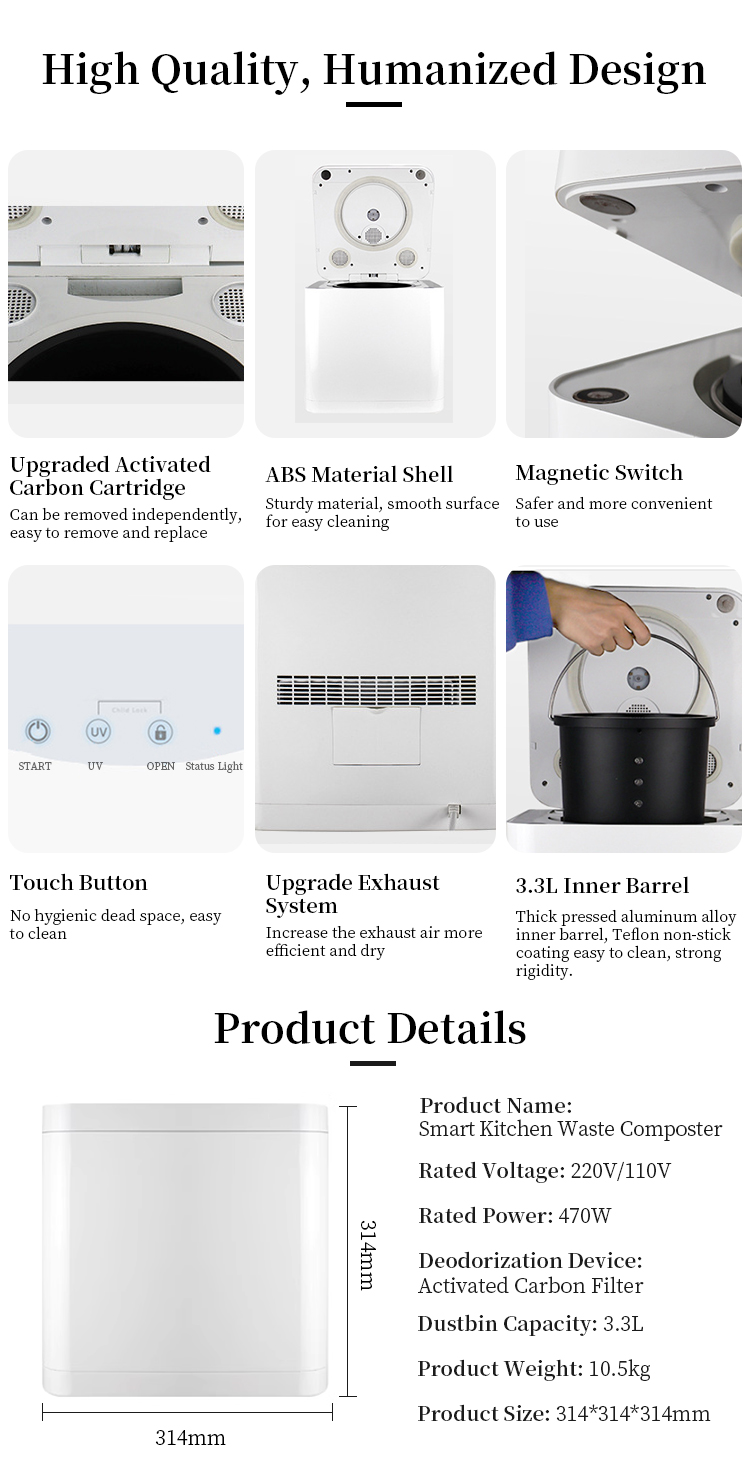 3.3L Power Saving Countertop Food Composter Kitchen Food Waste Composter With App Control