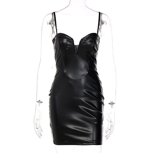 OEM maufactory New Women's Deep V -neck sleveless polyester Deep -back dress high -waist hip tight PU leather skirt