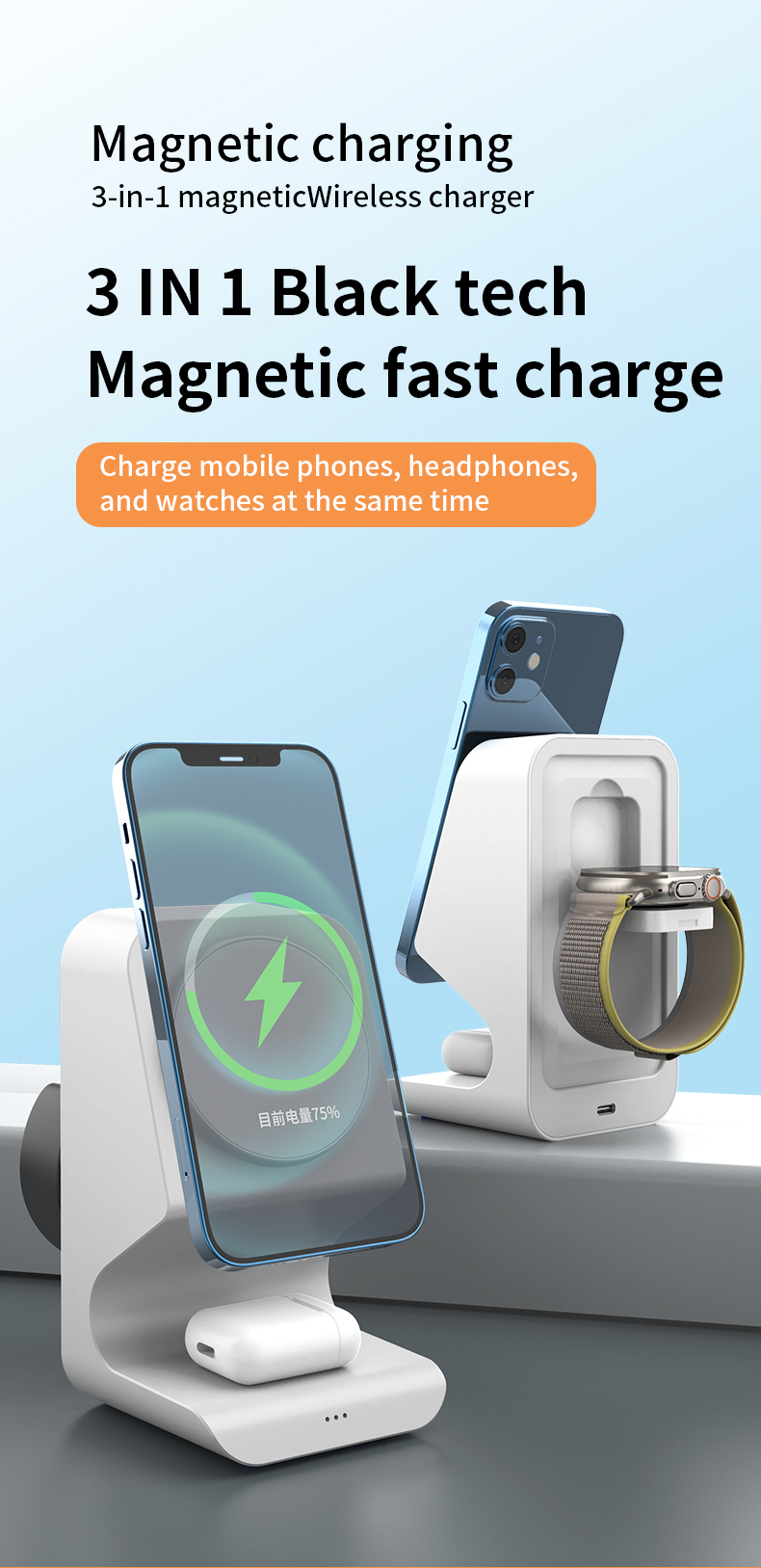 3 In 1 Magnetic Wireless Charger for iPhone 15 14 13 12 10w 15w Fast Charging Station