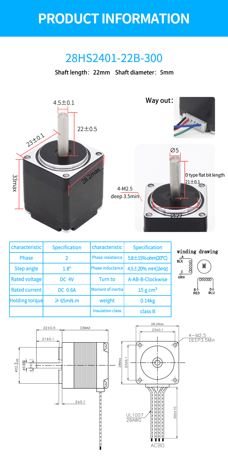 Radial load 28N 20mm from flange Hybrid Nema 11 Stepping Motor With Driver Motor stepper