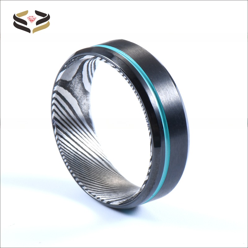 Black Tungsten Damascus Steel Men's Wedding Ring 8mm with Turquoise Grooved Line