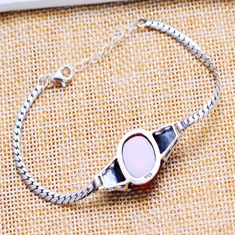Women Sterling Silver Garnet Charm Chain Bracelet Vintage Jewelry(XH017992W)