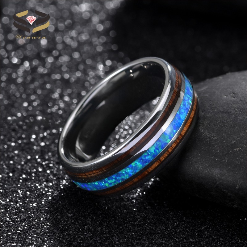 Silver Black Tungsten Carbide Wedding Ring 8mm With Koa Wood And Blue Opal Inlay