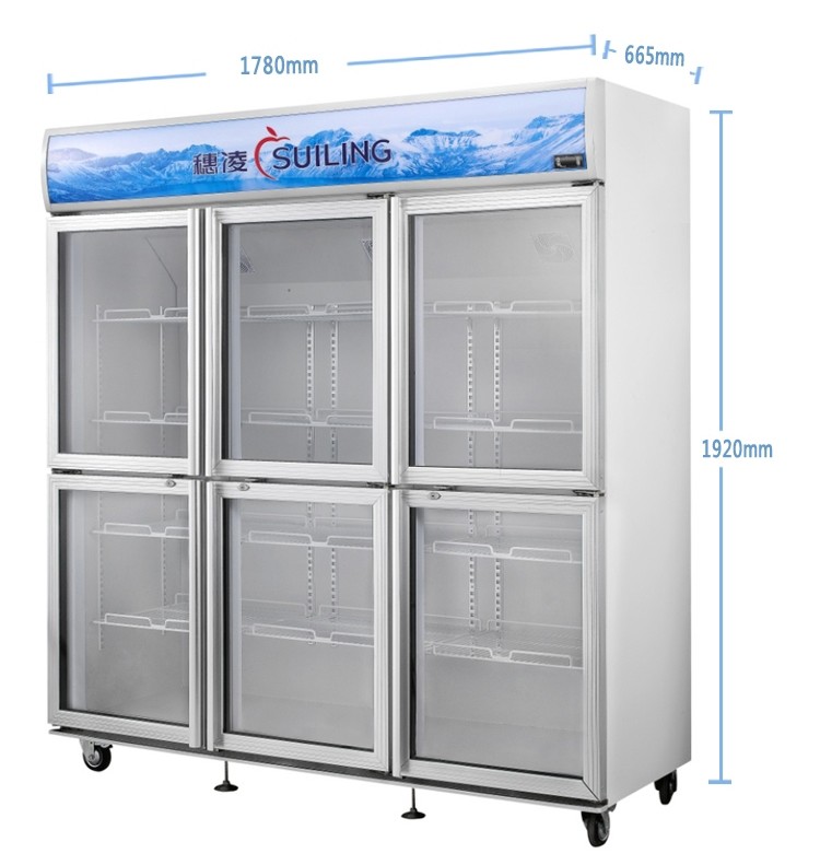 High Efficiency Commercial 6 Glass Door Refrigerator Fan Cooling Dual Compressor