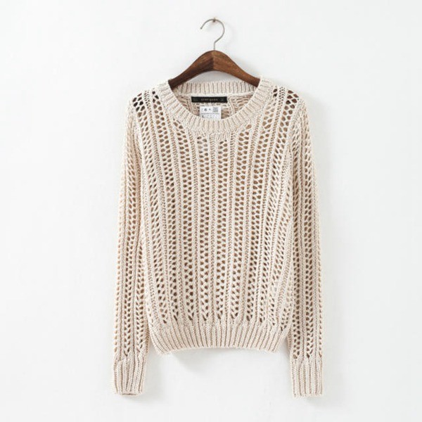 Crochet,Women Loose Crochet Knitted Blouse Wears O-Neck Hollow Pullover Wool Sweaters Top
