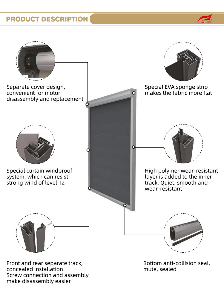 Electric Zip Track Blinds Windproof Rainproof Outdoor Zip Screen Roller Blinds