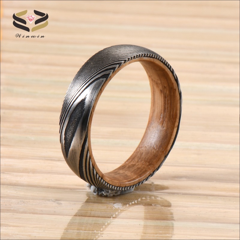 Etched Damascus Steel Wedding Rings 6mm 8mm With Whiskey Barrel Wood Sleeve Inlay