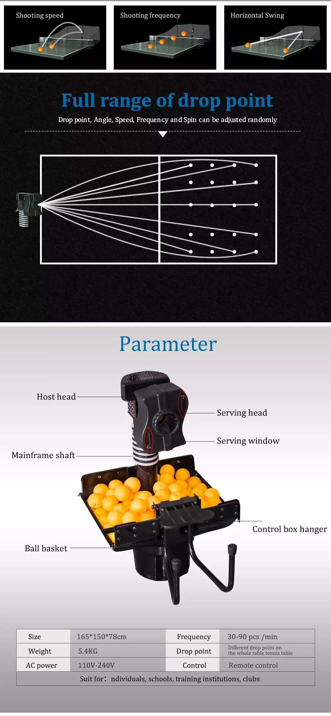 240V Portable Mini Ping Pong Ball Dispenser 150balls Full Function