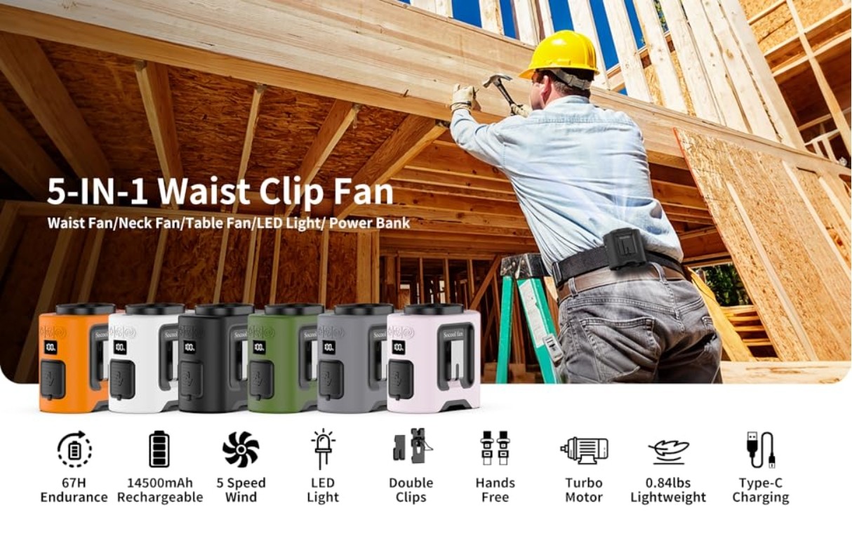 Socool Fan 14500Mah Clip Waist Fan Rechargeable Battery And Type-C Power Source Multifunctional Portable Fan For Indoor/Outdoor Activities Wearable