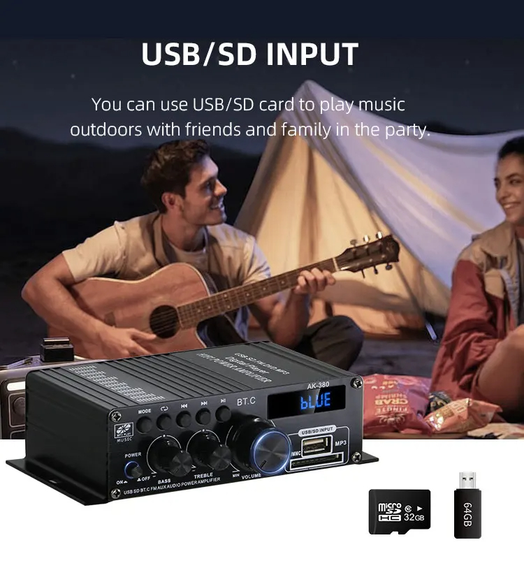 AK-380 USB SD Audio Power Amplifier 400W 2.0 CH HiFi Stereo AMP Speaker Bluetooth 5.0 Amp Receiver with Remote Control for Home