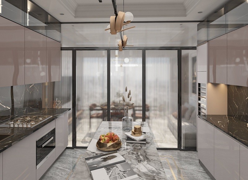 1.8m Modern Black And White Kitchens With Seating With Stone Top And Plywood Door