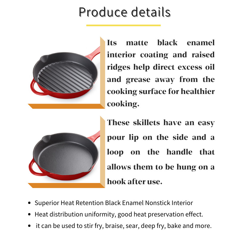 Cast Iron Enamel Coated Frying Pan Non Stick Durable Black Interior