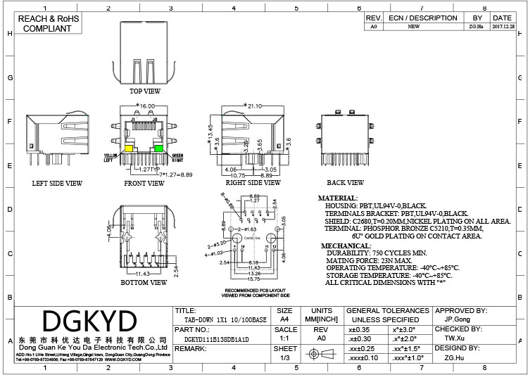 DGKYD111B138DB1A1D 8P8C RJ45 Single Port Plug Connector With LED