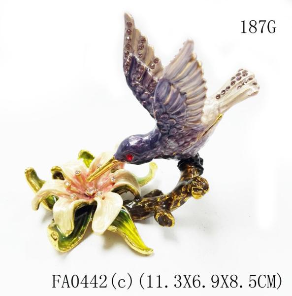 Custom pewter cute bird shape jewelry boxes colorful printed bird hummer jewelry