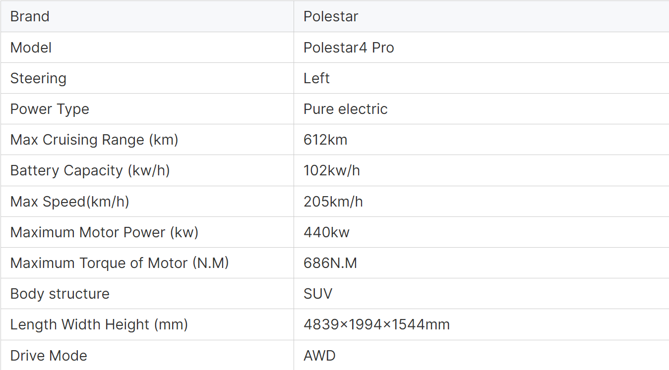 Pure Electric Carro Electrico SUV Polestar 4 Pro Plus with 400kw Maximum Motor Power