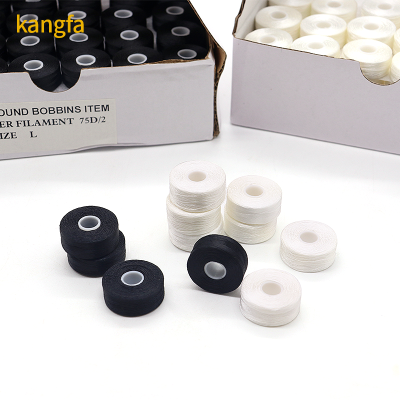 75D/2 100% Polyester Pre-wound Bobbins Threads High Tenacity 144pcs/Box L Type White Side