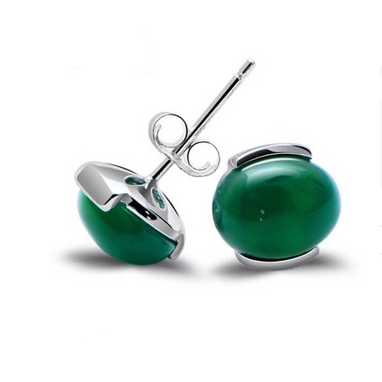 925 Sterling Silver Oval Green Onyx Bead Stud Earrings(033422W)