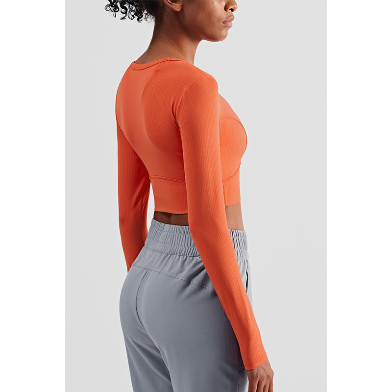Rib Striped Ladies Yoga Tops Active Stretch Fitness Long Sleeve Yoga Crop Top