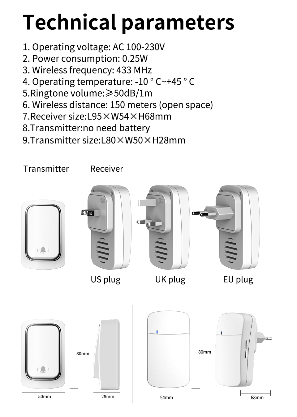 US EU UK Plug Tuya Video Doorbell Self Powered Waterproof Door Bell 150M